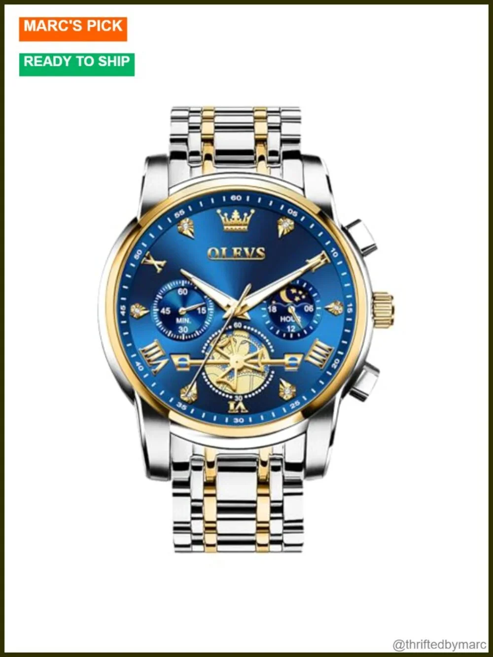 Men's Stainless Steel Chronograph Watch, Large Face Roman Numerals Diamond